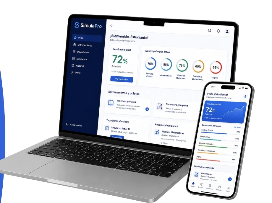 Dashboard de SimulaPro con resultados académicos por competencias